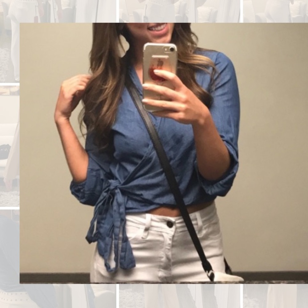 Fashion Nova Denim Wrap Shirt with Puff Sleeves